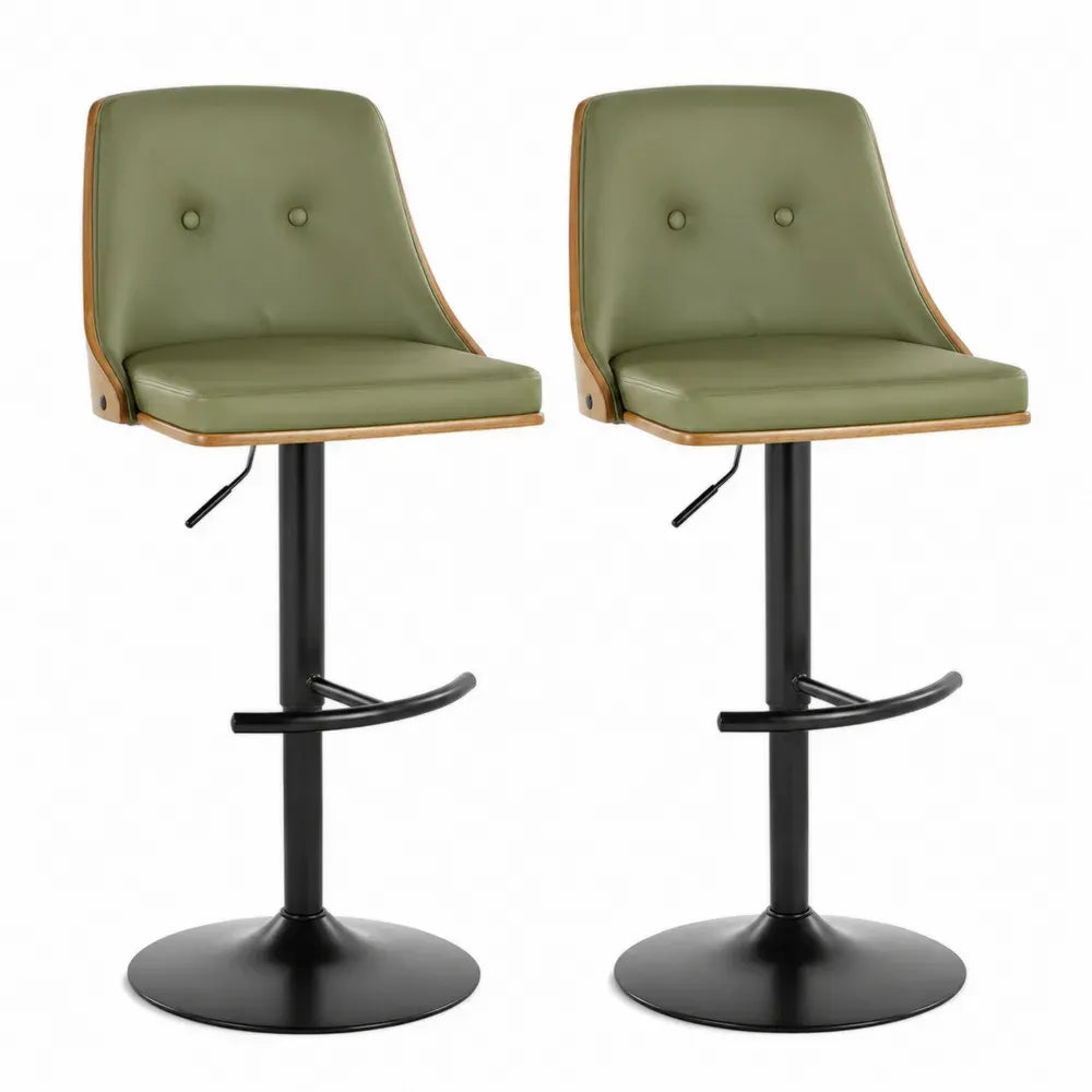 2er Set Barhocker mit olivgrüner PU-Leder-Sitzfläche und schwarzem Metallgestell