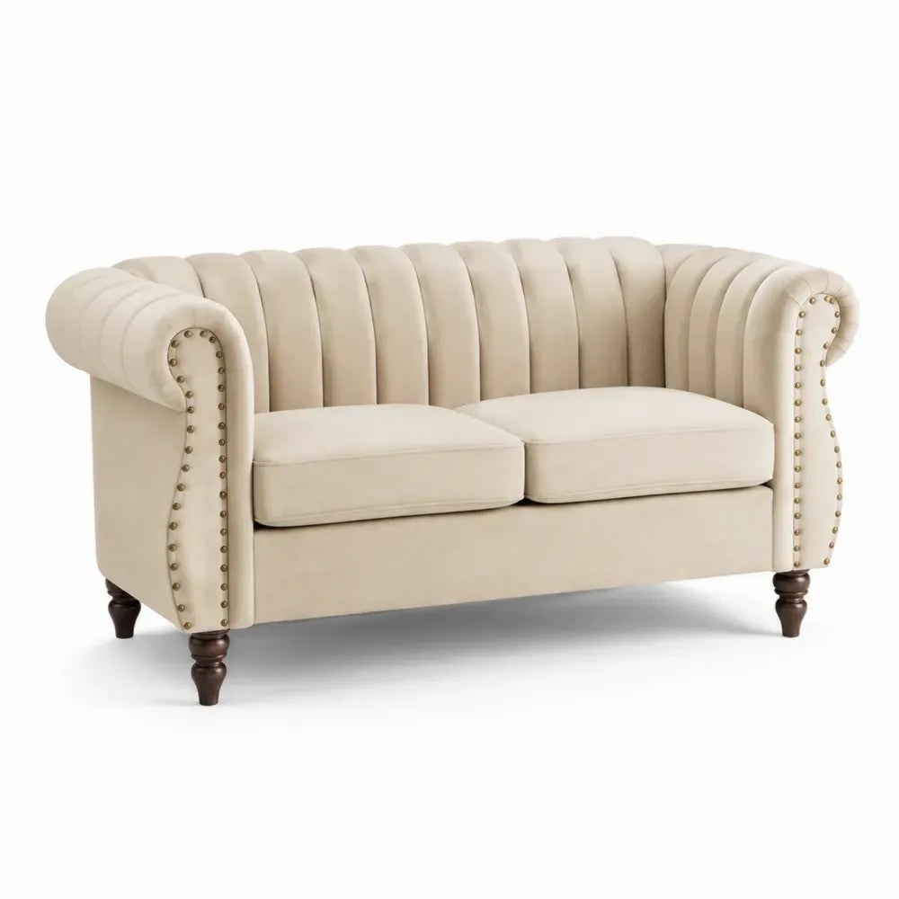 2-Sitzer Sofa Beige Samt Eichenholzbeine