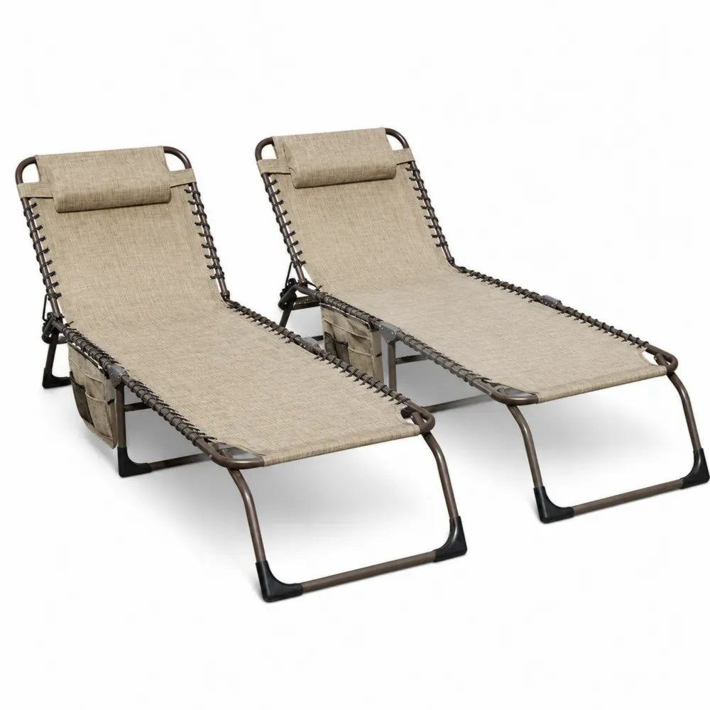 2er Set klappbare Sonnenliegen aus Stahl und Textilene Beige