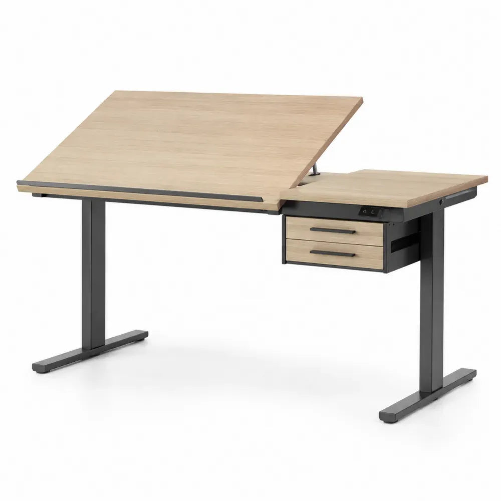 Höhenverstellbarer Schreibtisch aus Holz und Metall mit Schubladen