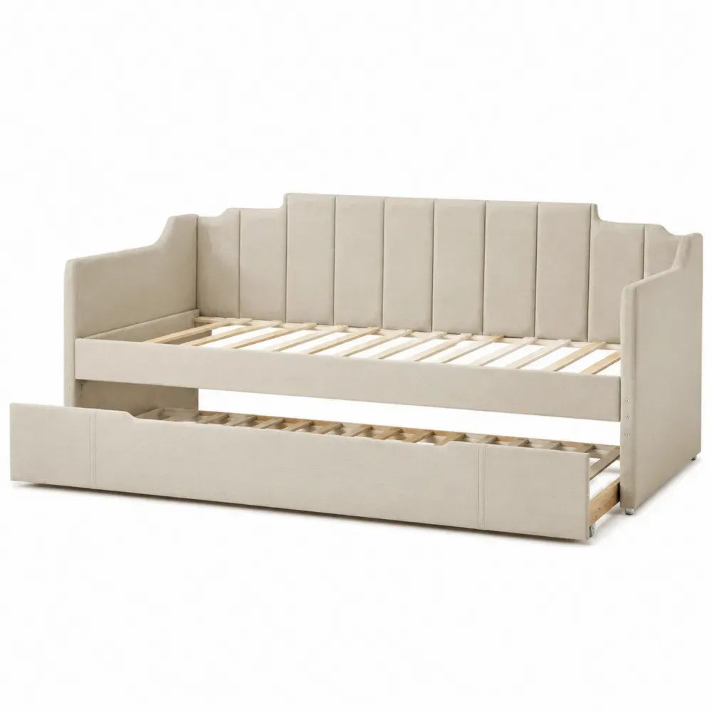 Tagesbett mit Ausziehbett aus Polyestergewebe und Massivholz Beige 200x90 cm