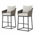 2er-Set Barhocker mit Polyrattan-Geflecht und Stahlgestell Grau mit Kissen Creme