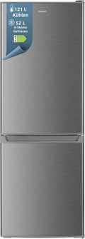 homeX Freistehende Kühl-Gefrierkombination mit 173L Volumen, 4-Sterne-Gefrierfach, 142,5 cm Höhe, 40 dB leise, Silber