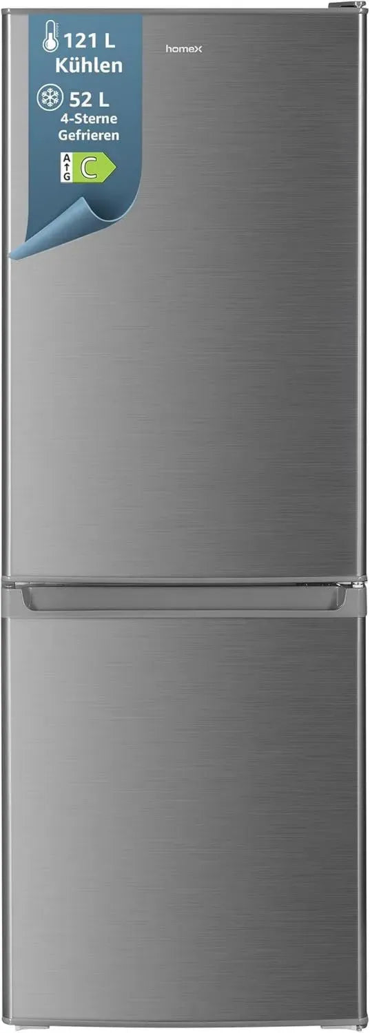 homeX Freistehende Kühl-Gefrierkombination mit 173L Volumen, 4-Sterne-Gefrierfach, 142,5 cm Höhe, 40 dB leise, Silber