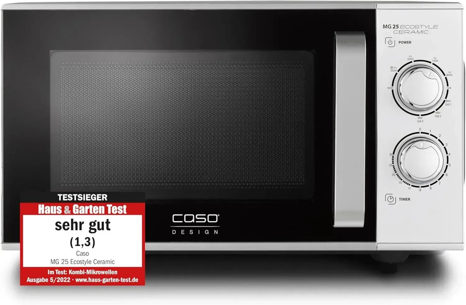 CASO MG 25 Ecostyle Ceramic Mikrowelle mit Grill, 25L, Edelstahl, Zwei-Ebenen-Garen, Silber