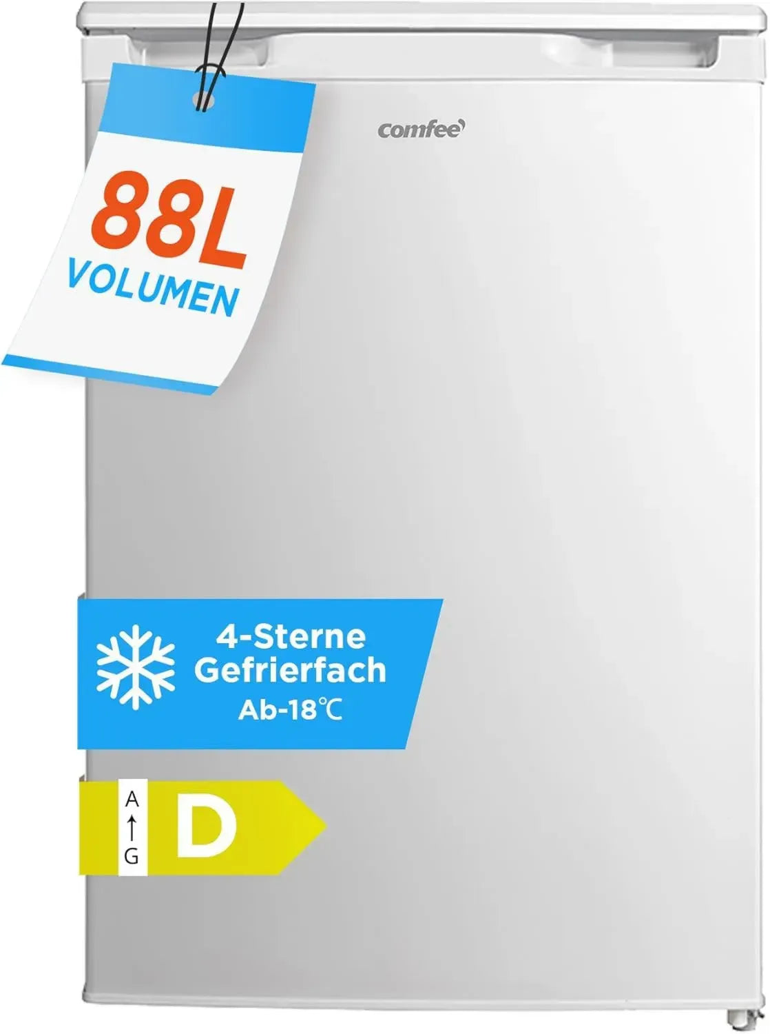 COMFEE 88L Gefrierschrank mit Inverter-Technologie, Energieklasse D, Leises Design, 4-Sterne-Gefrierfach, 3 Fächer, Weiße Optik, Ideal für Küche und Büro