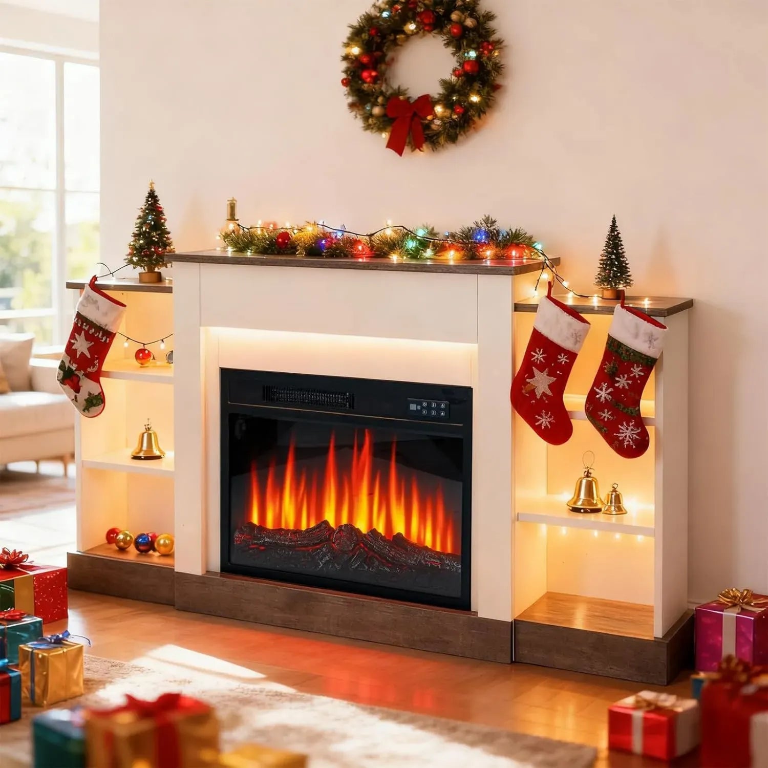 Elektrischer Wandkamin 1500W mit Flammeneffekt und Heizfunktion, Fernbedienung, Timer, Thermostat