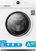 Midea Waschmaschine 8kg, 1400 U/Min, Inverter Motor, Dampffunktion, Energieklasse A-10%, AquaStop, Weiß