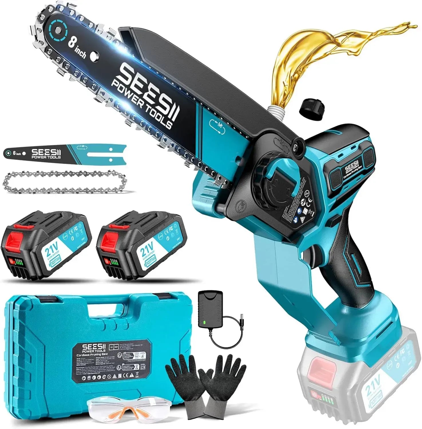 SEESII Mini Kettensäge 6 & 8 Zoll, 1000 W bürstenlos, 2x 4000 mAh Akkus, automatische Schmierung, werkzeuglose Spannung