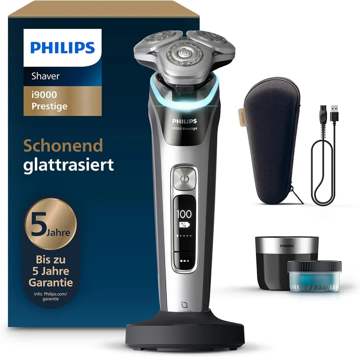 Philips Prestige Herrenrasierer i9000, Nass- & Trockenanwendung, mit Trimmer und Drucksensor, inkl. Reinigungsstation und Etui, grau-silber