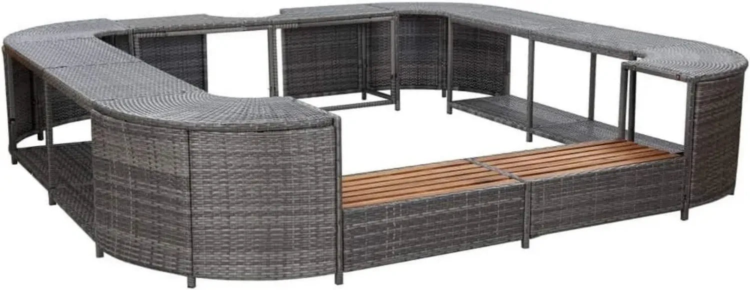 Poly Rattan Whirlpool-Umrandung mit Holzstufen, Grau, 268x268x55 cm