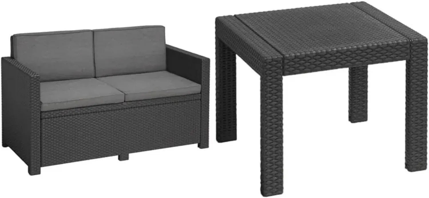 Allibert Gartenlounge Victoria 2-Sitzer Sofa mit Kissen, Graphitgrau & Quadratischer Gartentisch, 59x59x43 cm