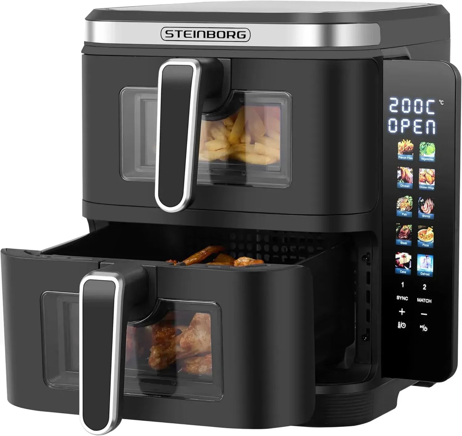 Steinborg® Heißluftfritteuse Doppelkammer 11L mit 2 Schubladen, Grillen, Backen, Dörren ohne Öl