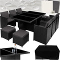 Polyrattan Gartenmöbel Set für 10 Personen mit Tisch und Hockern, klappbar, Aluminiumrahmen, schwarz