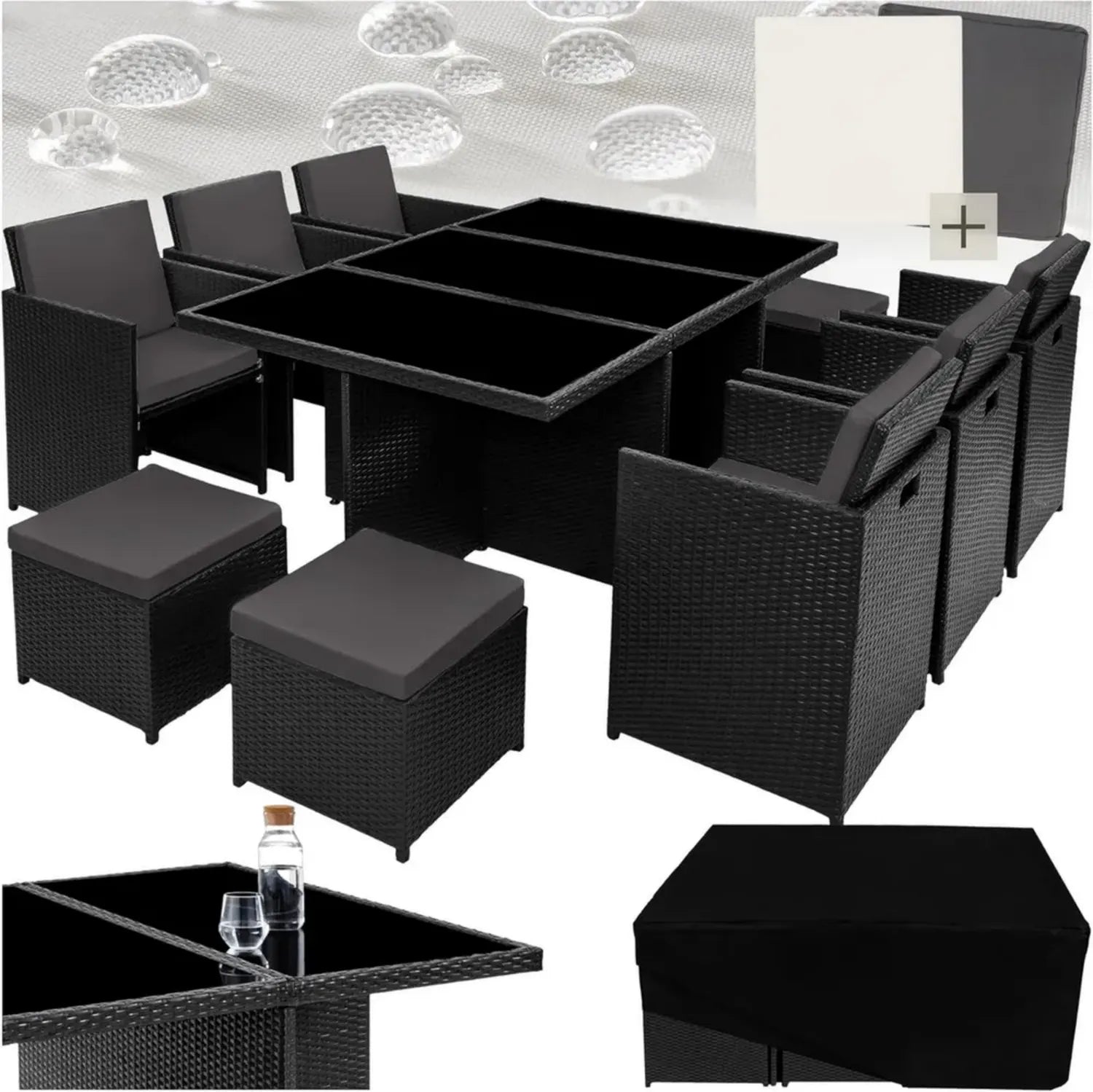 Polyrattan Gartenmöbel Set für 10 Personen mit Tisch und Hockern, klappbar, Aluminiumrahmen, schwarz