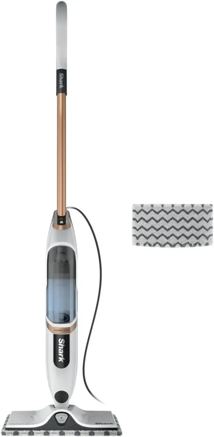 Shark SteamSpot Dampfreiniger für Hartböden mit Steam Blaster, Leichter chemiefreier Reiniger, Abnehmbarer Wassertank, Inklusive 2 waschbarer Pads, Weiß & Kupfer S2001EU