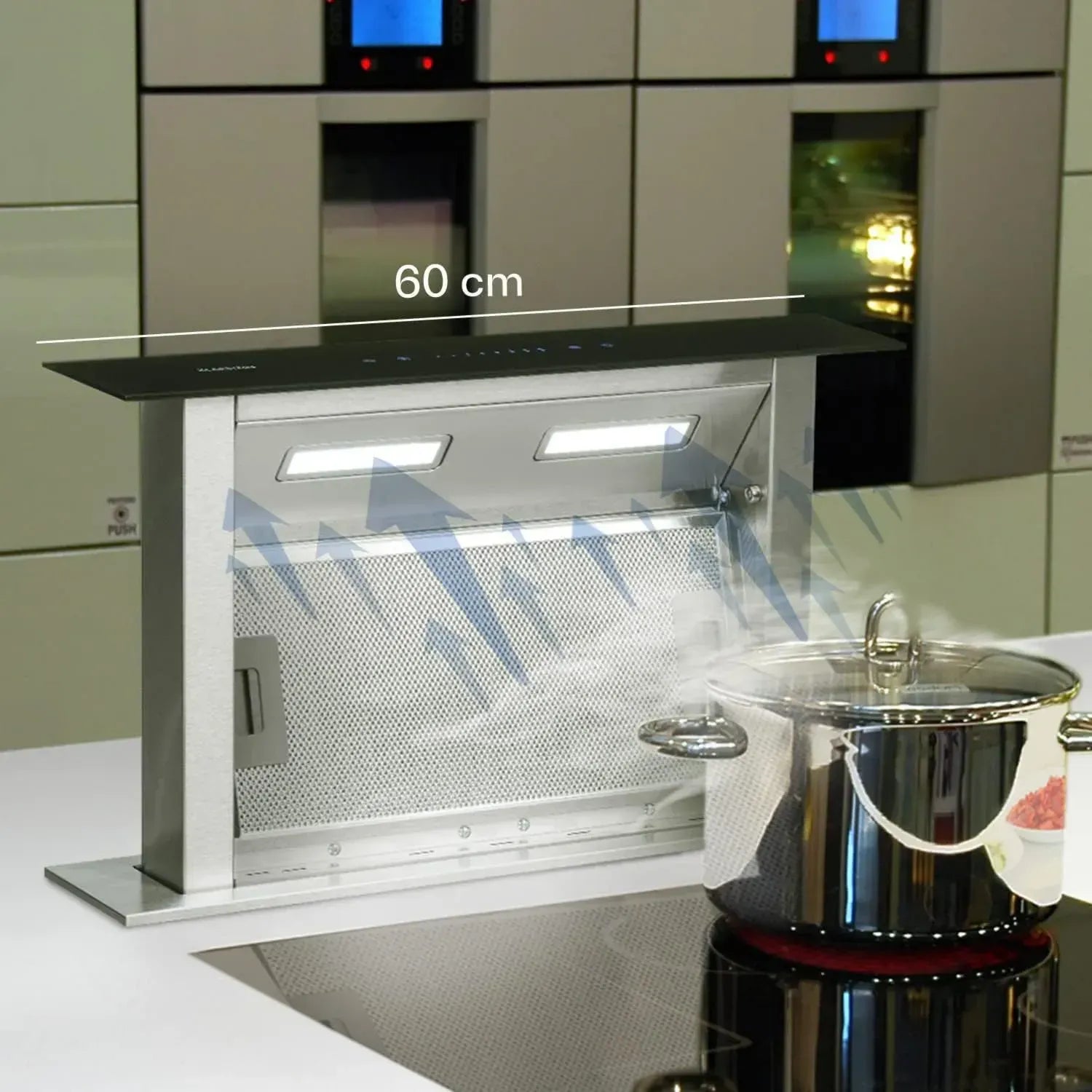 Klarstein Royal Flush - Versenkbare Downdraft-Dunstabzugshaube, 60 cm, Edelstahl-Glas-Design, 4 Leistungsstufen, Timer, Tischmontage, 430 m³/h, schwarz