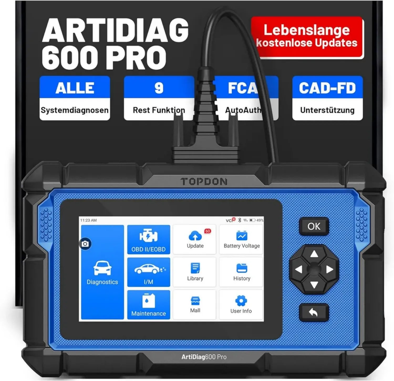 TOPDON ArtiDiag600 Pro OBD2 Scanner, Fahrzeugdiagnose für alle Modelle, 9 Wartungsfunktionen für Öl/ABS/DPF/SRS/SAS/Injektoren, Lebenslange Gratis-Updates