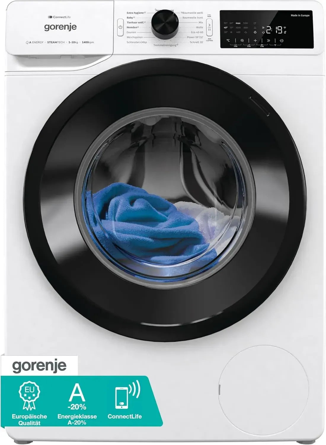 Gorenje Waschmaschine 10 kg, 1400 U/min, Dampffunktion, 15 Programme, AquaStop
