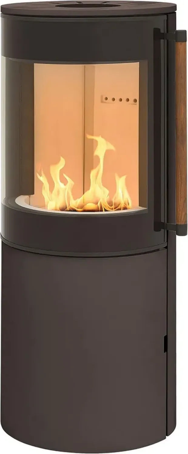 Moderner Stahl-Kaminofen Braun mit 160° Sichtscheibe, Griff und Holzfach, 7kW, 116cm