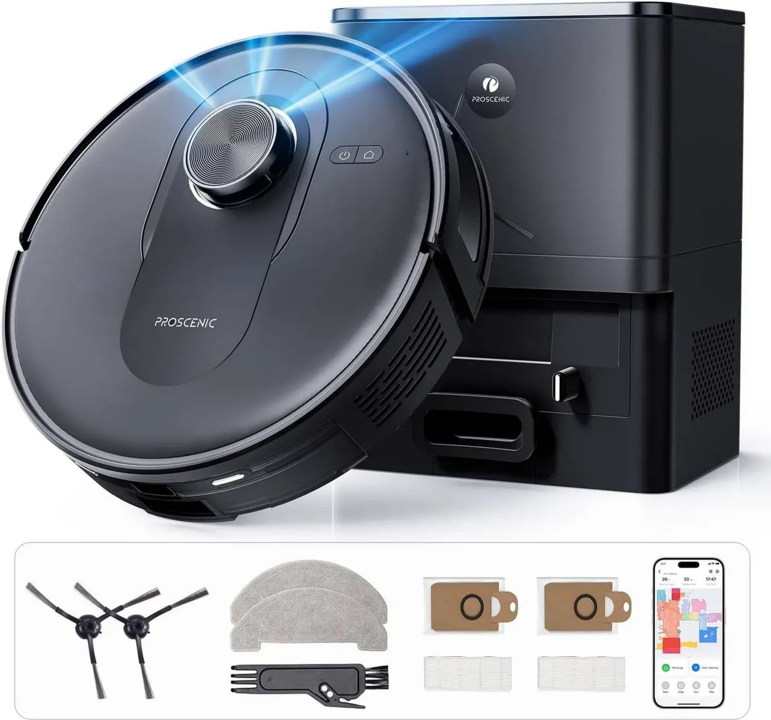 Proscenic Q8 Max Saugroboter mit Absaugstation, 6000Pa starke Saugleistung, 200 Min Laufzeit, Wischfunktion, intelligente Laser-Navigation, 5 Karten, App- und Sprachsteuerung
