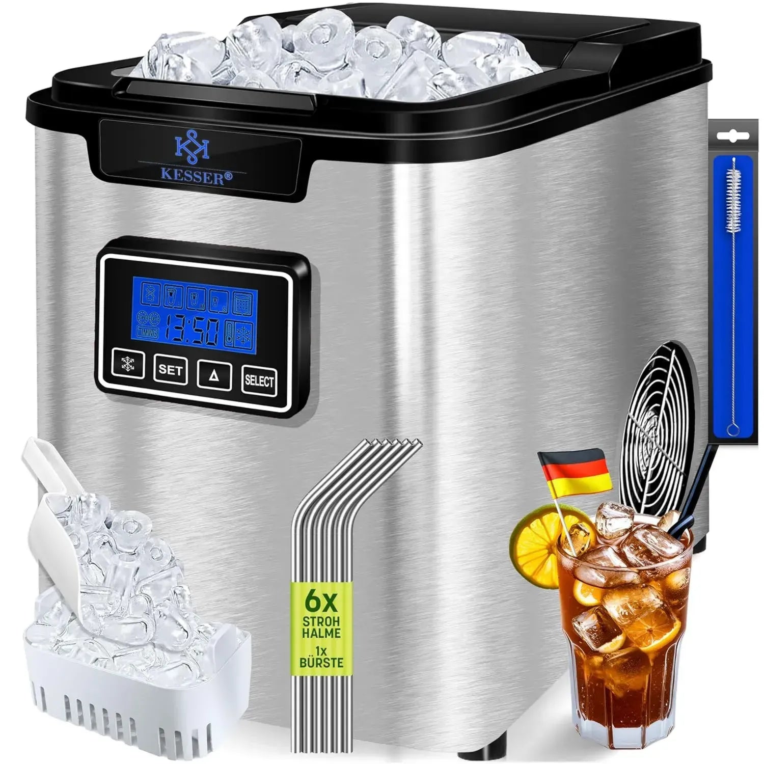 KESSER® Professionelle Eiswürfelmaschine, 150W Edelstahl Ice Maker, 12 kg/24h Produktion, Drei Würfelgrößen, 7 Minuten Zubereitung, 2,2L Wassertank, LCD-Display & Timer, Silber