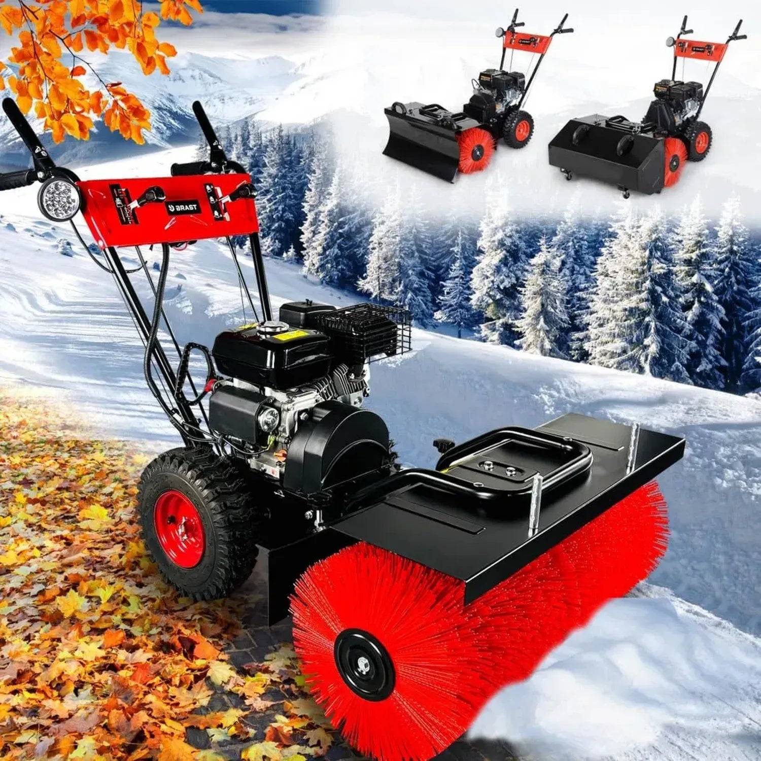 BRAST Benzin-Kehrmaschine 3-in-1 mit Elektrostart, 80-100cm Arbeitsbreite, Schneefräse und Laubsammler