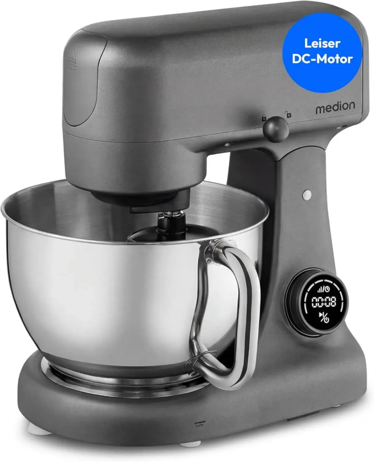 MEDION Küchenmaschine mit Fleischwolf, 4,6L Edelstahlschüssel, 800W leisem Motor, Sensor-Touch-Display, Knet- und Teigfunktion, Titan