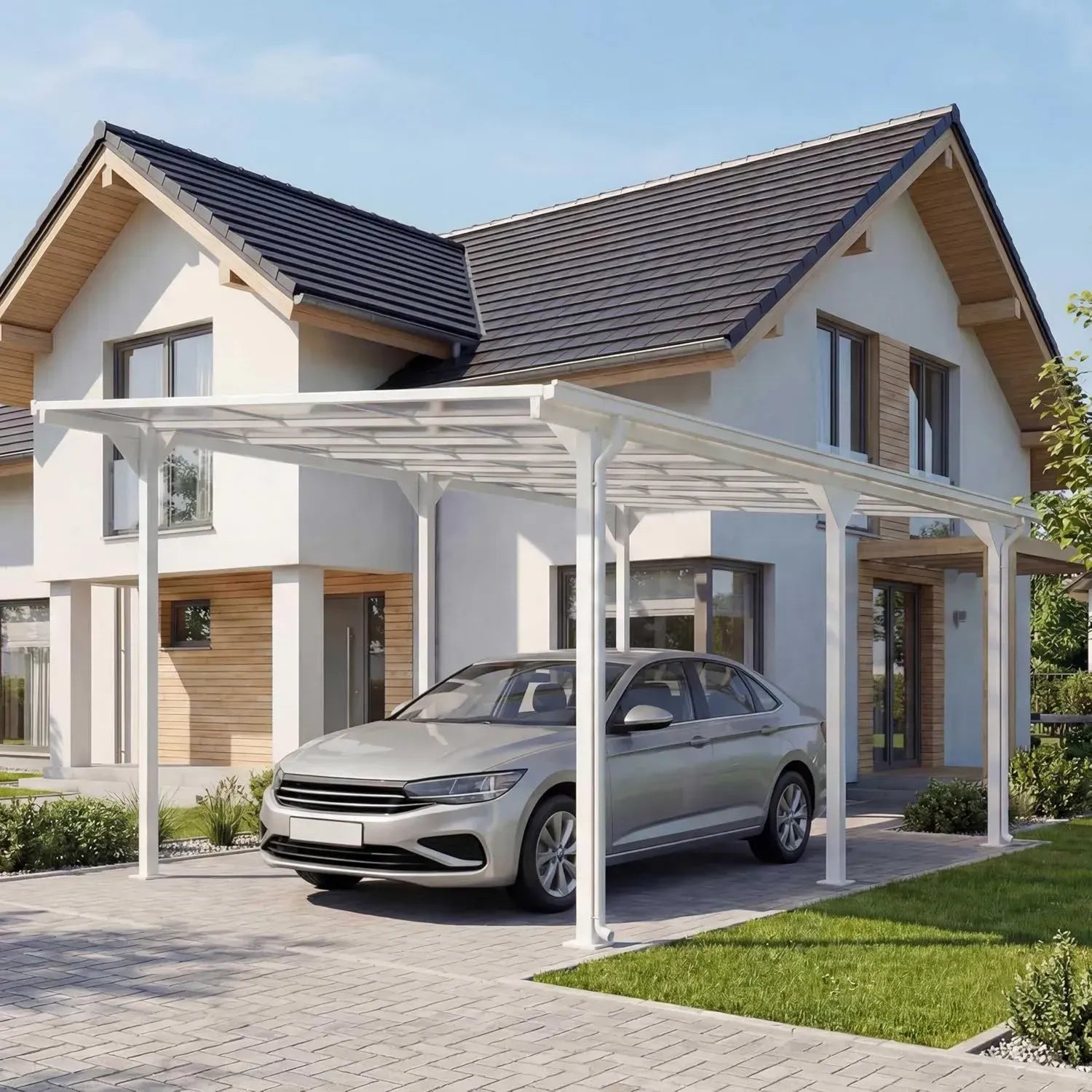 Aluminium Carport 3x6m mit Polycarbonat-Dach und Regenrinne, Weiß