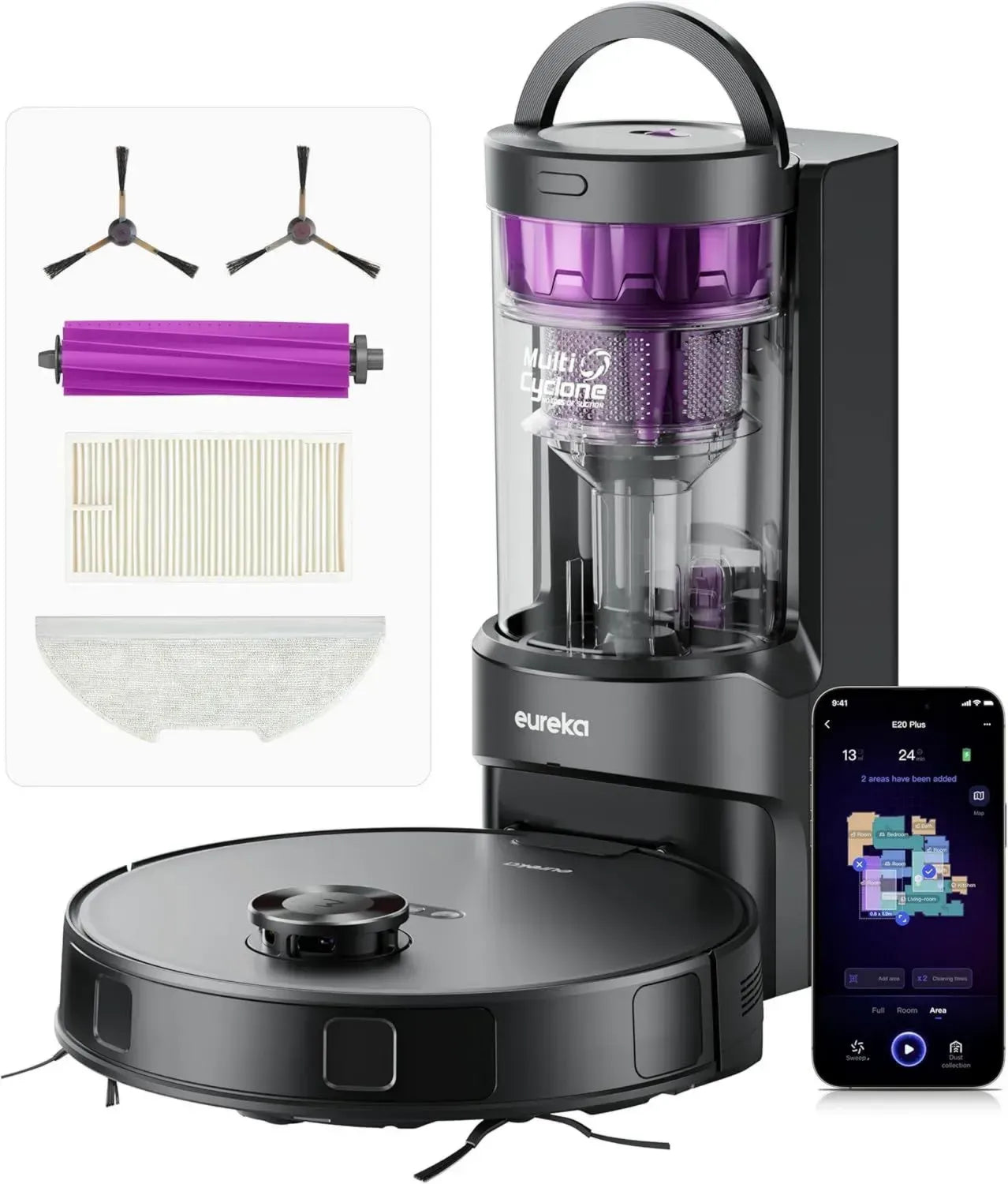 Eureka E20 Plus Staubsaugroboter, 8000 Pa, selbstentleerender Behälter, Anti-Wickel-System, 3D-Hinderniserkennung, 180 Min Laufzeit, DuoDetect KI, Schwarz