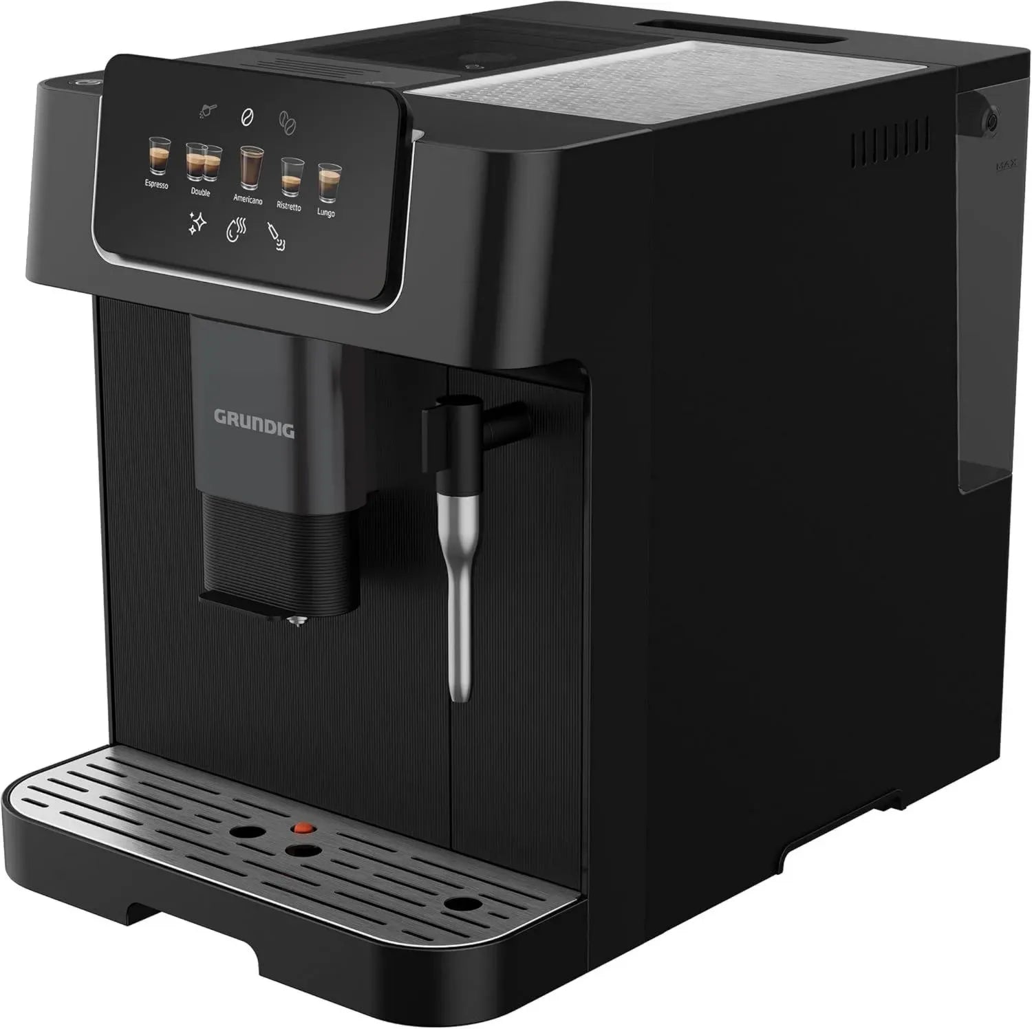 GRUNDIG Kaffeevollautomat KVA 6230 mit Milchaufschäumer, Edelstahl-Kegelmahlwerk, 13 Einstellungen, 250g Bohnen, 2L Wassertank, 19 Bar Druck, Touchscreen, Schwarz