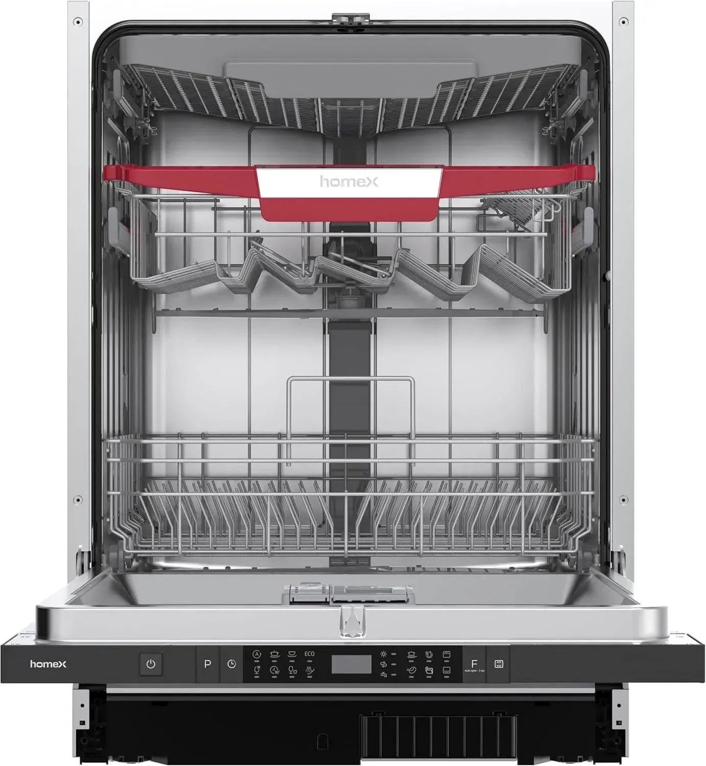 homeX Vollintegrierter Geschirrspüler 60 cm, 14 Maßgedecke, 8 Programme, AquaStop, Besteckschublade, 44 dB, Bodenlicht, Automatische Türöffnung