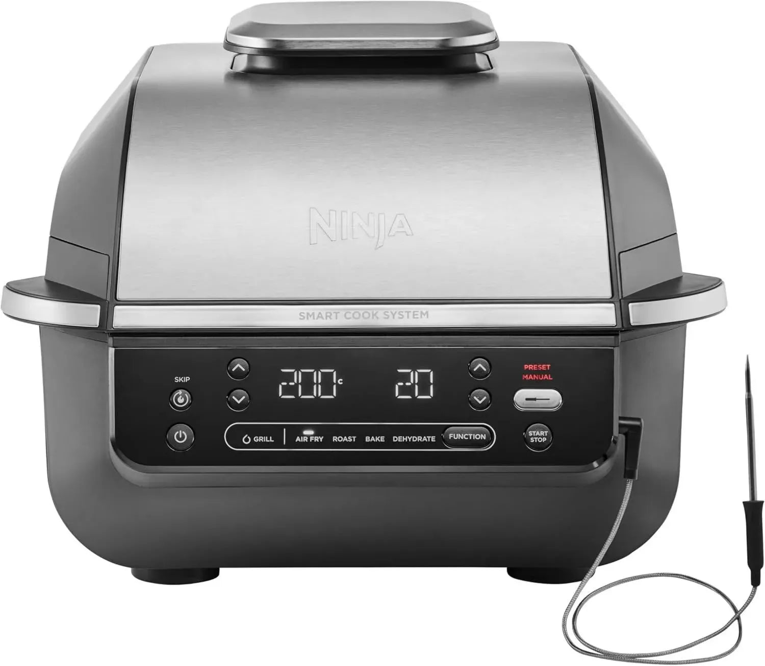 Ninja Multifunktionsgrill und Heißluftfritteuse, 5 Kochmodi, raucharm, inkl. digitales Thermometer, Schwarz/Silber, 5,7 l