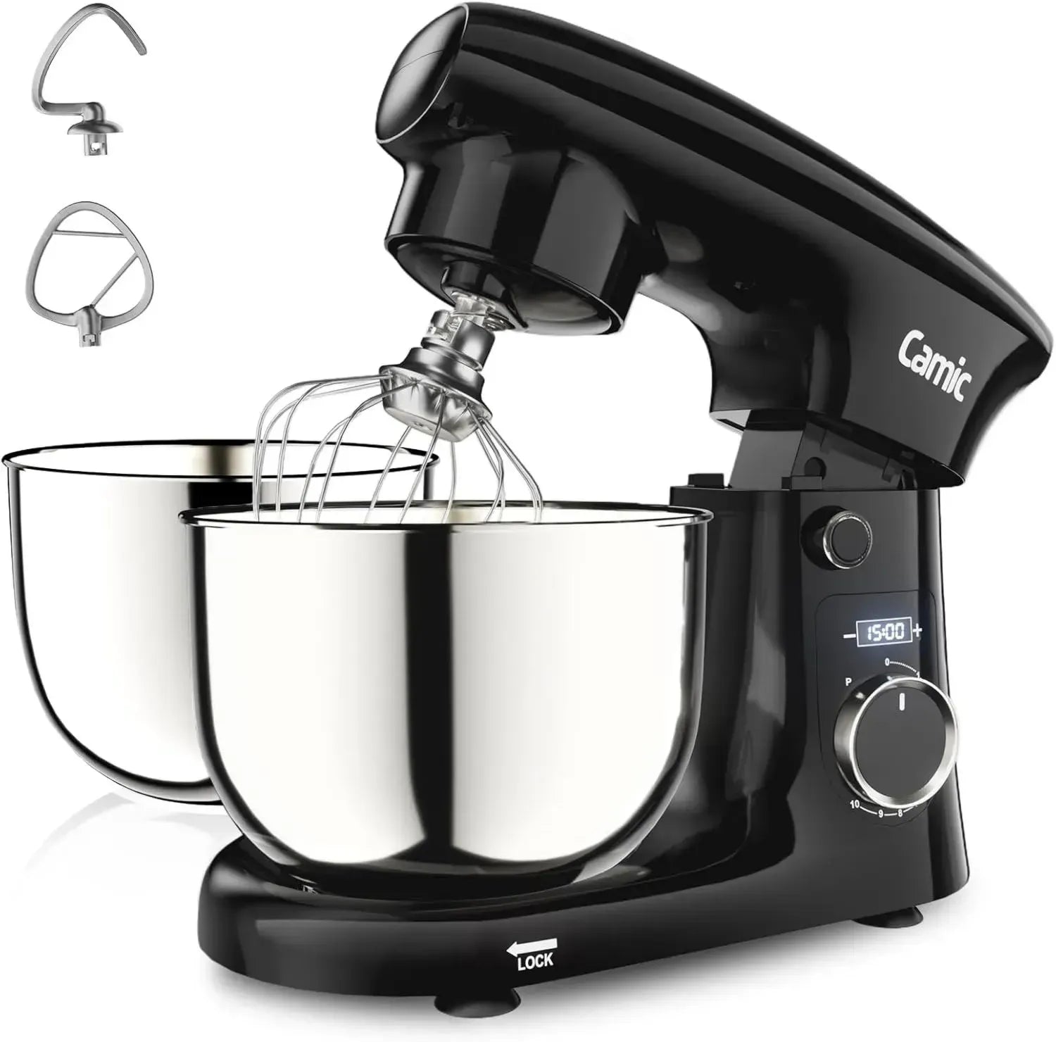 Camic Küchenmaschine mit LED-Display, 10 Geschwindigkeiten, 2 Schüsseln 4L+5L, Inkl. Knet-, Rühr-, Schneebesen