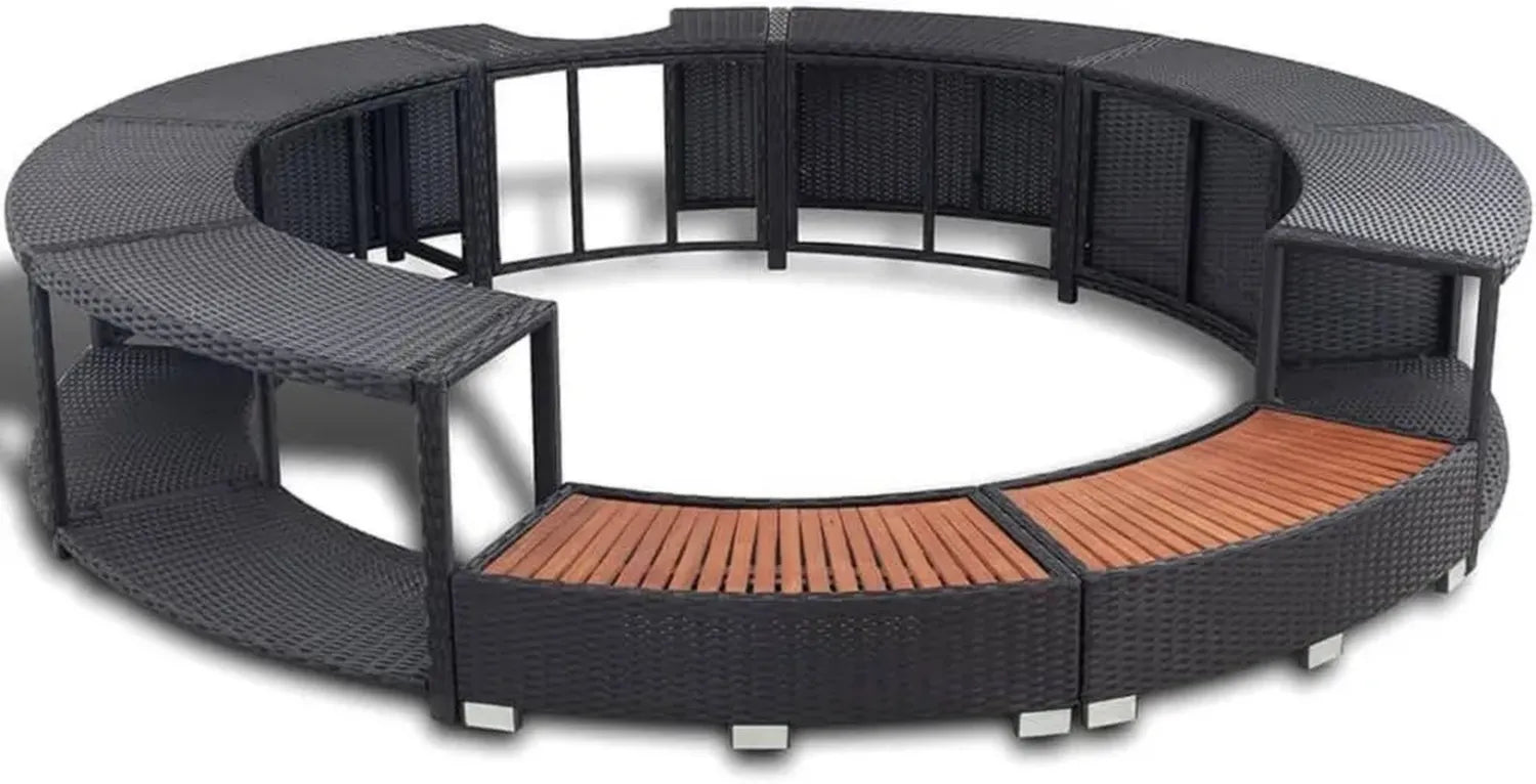 Runde Whirlpool-Umrandung mit Stauraum aus Poly-Rattan und Stahlrahmen - Eukalyptus und Grau