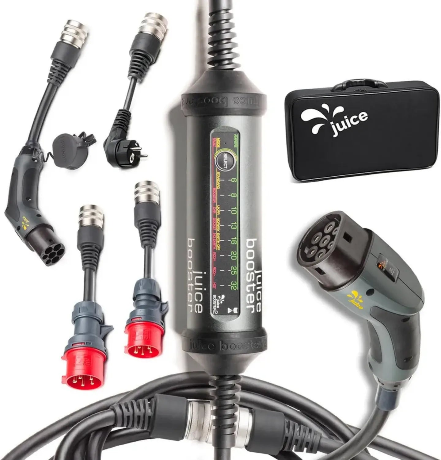 Juice Booster 2 - Tragbare Ladestation 22 kW, Schweizer Qualität, Universelle Adapter für alle Steckdosen, Typ 2 Kabel, Intelligente Adaptererkennung, Wetterbeständig und Strapazierfähig