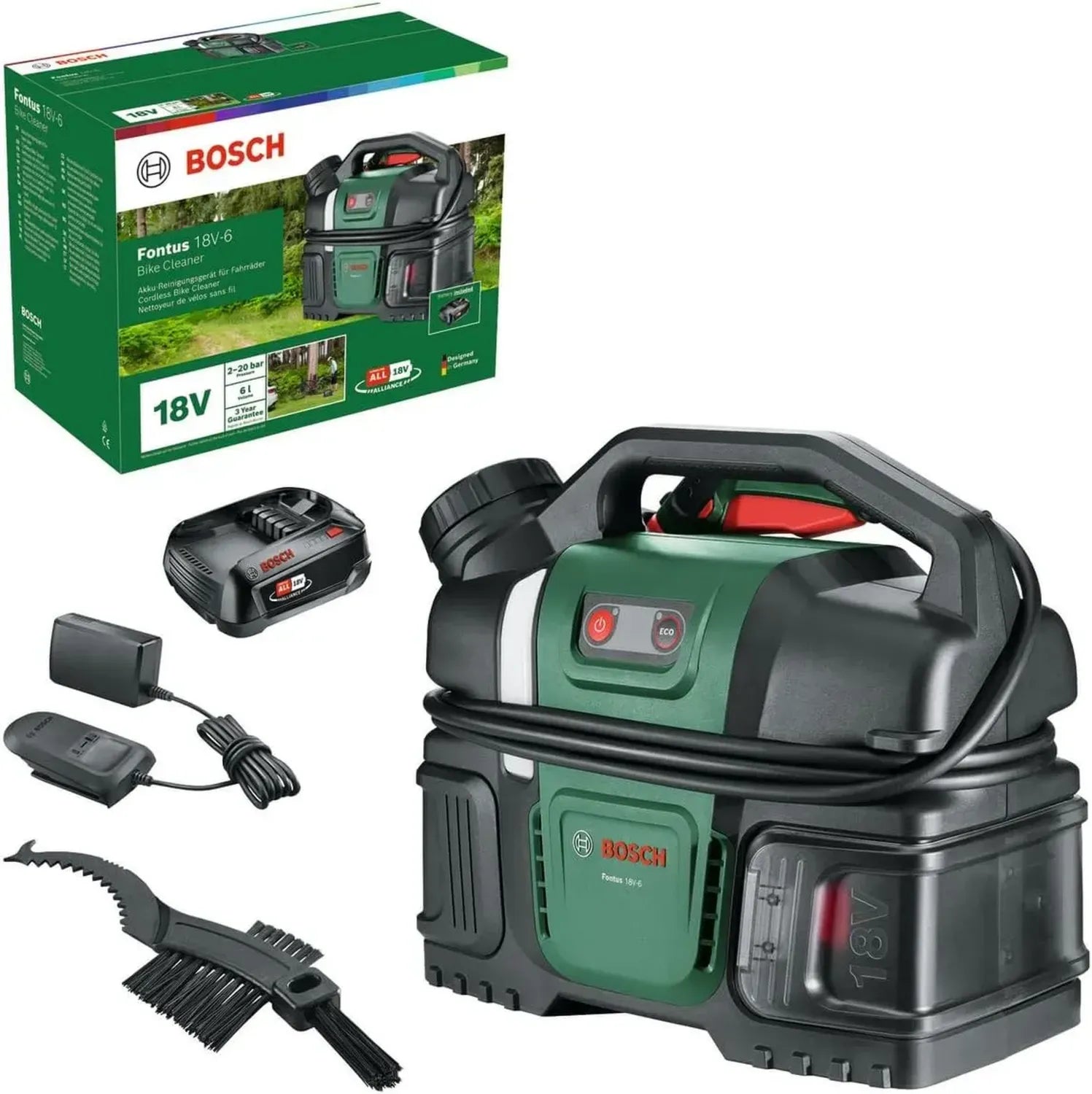 Bosch Mobiler Akku-Druckreiniger Fontus 18V-6 mit 6L Wassertank und 8 Druckstufen, inkl. 2,0 Ah Akku und Ladegerät