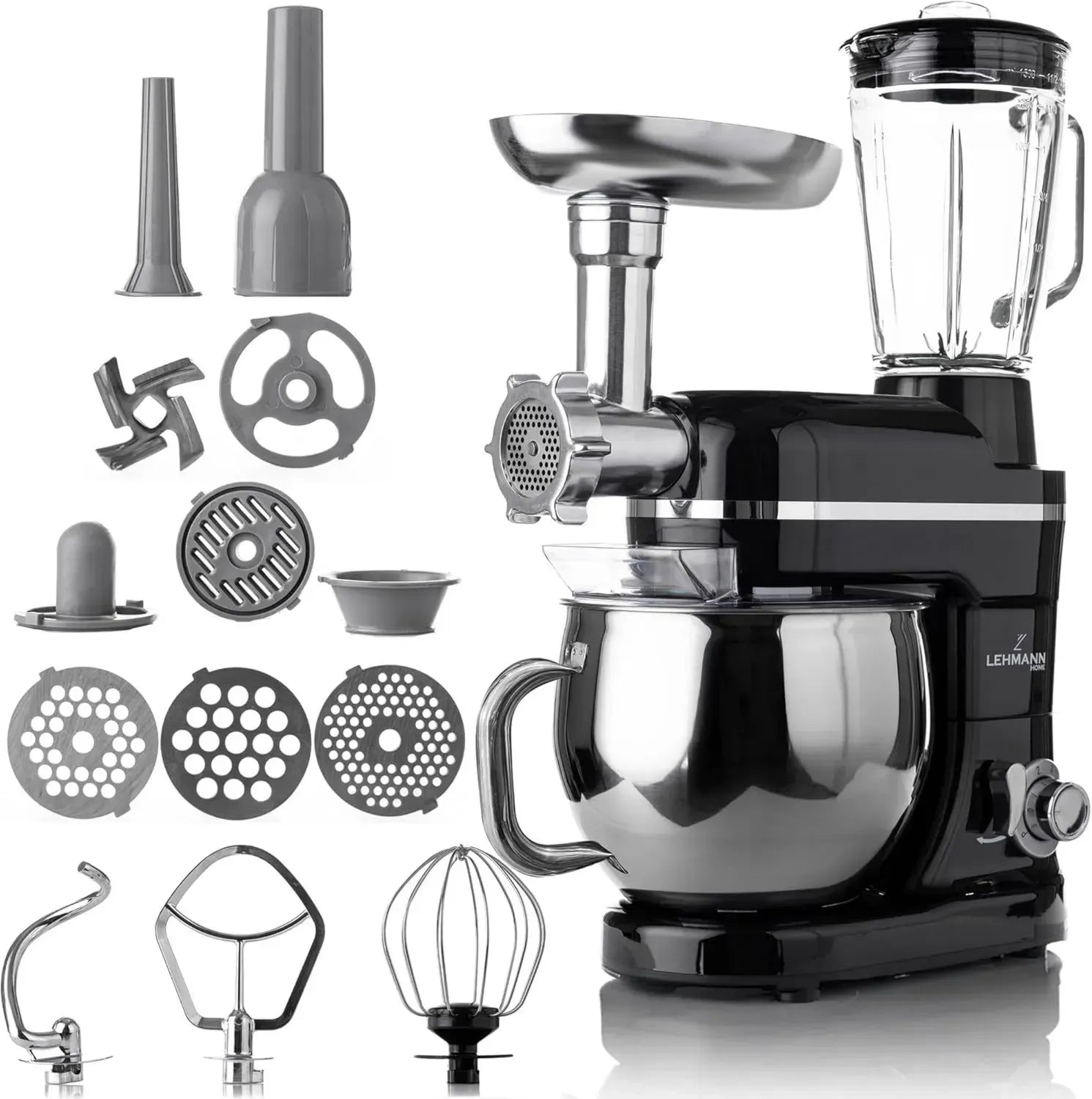 LEHMANN 3-in-1 Küchenmaschine: Fleischwolf, Standmixer & Knetmaschine mit 5L Edelstahlschüssel, 6 Geschwindigkeiten und Zubehör-Set