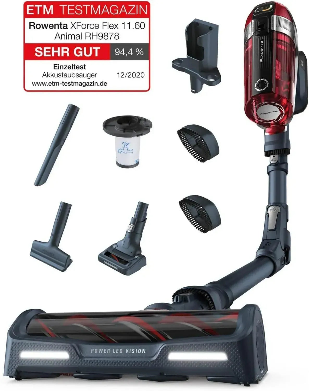 Rowenta X-Force Flex 11.60 Tierhaar-Kabelloser Staubsauger, 130W, 25,2V Akku, 45 Min Laufzeit, LED-Anzeige, Rot-Grau