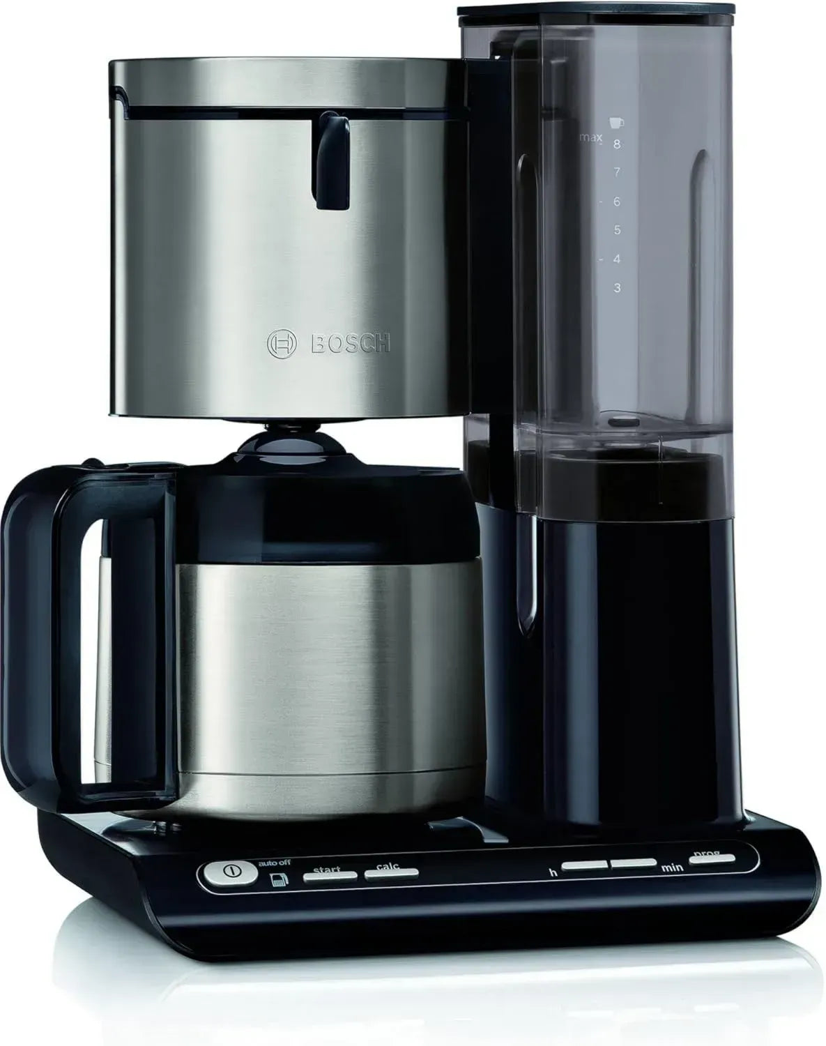Bosch Filterkaffeemaschine mit AromaPlus, Edelstahlkanne 1,1 L, 8-12 Tassen, automatischer Abschaltung, Entkalkung, Tropfstopp, abnehmbarer 1L Wassertank, 1100W, schwarz