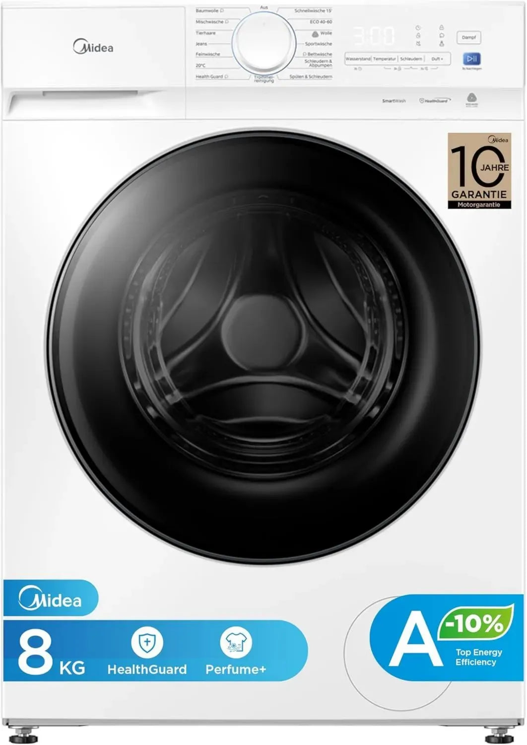 Midea Waschmaschine 10 kg, Energie A-10%, 1400 U/min, Dampffunktion, Haustierhaare, 15 Min. Schnellwäsche, Woolmark Zertifiziert, Weiß