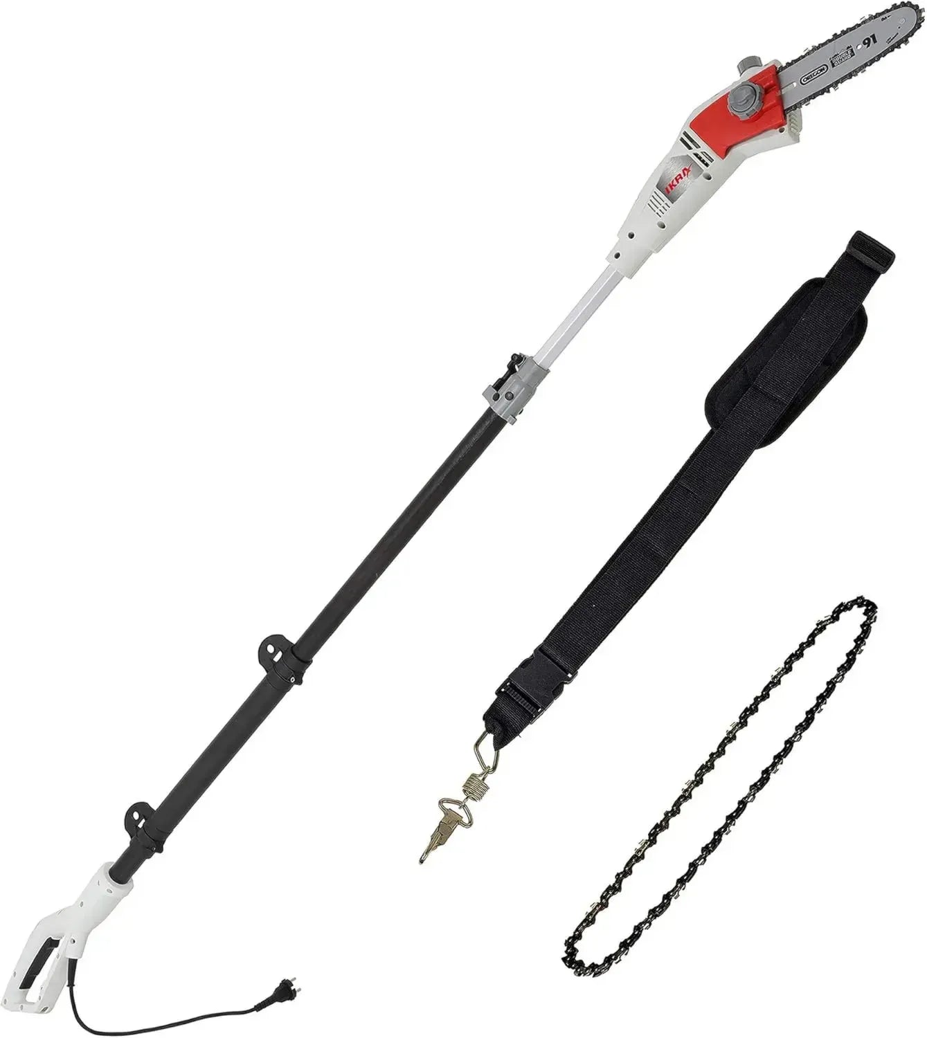 IKRA Elektro Teleskop-Heckenschere 750W, 4m Reichweite, inkl. 2 Ketten & Schulterriemen