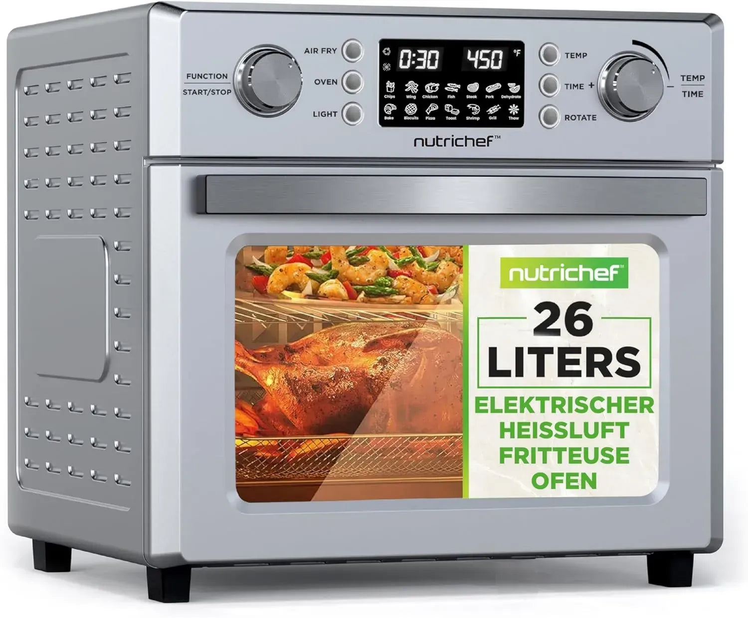 Multifunktionaler Airfryer-Ofen 26L mit Rotisserie und Dampfgarer – 10-in-1 Miniofen mit Dörrfunktion und Zubehör