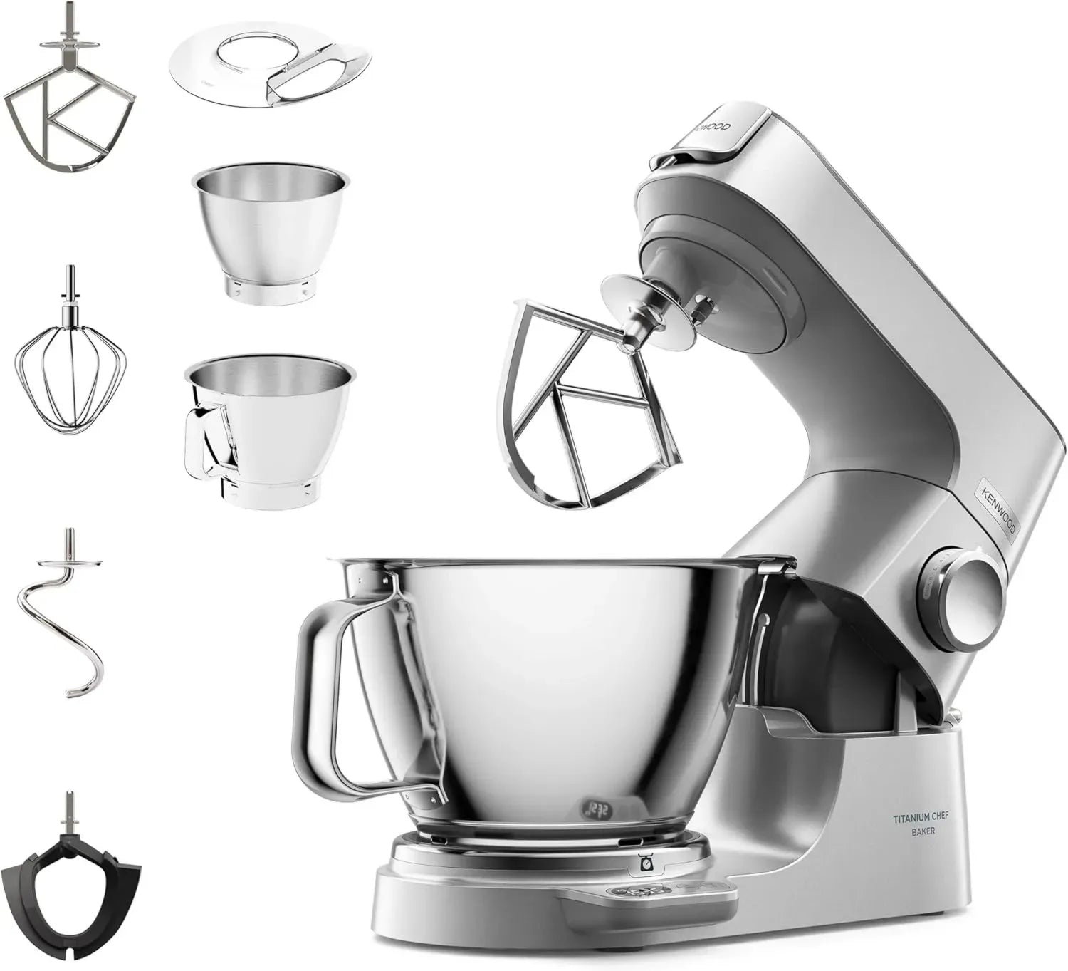 Kenwood Titanium Chef Baker Küchenmaschine, 1200W, integrierte Waage, Patisserie-Set, 5L & 3,5L Schüssel, Silber