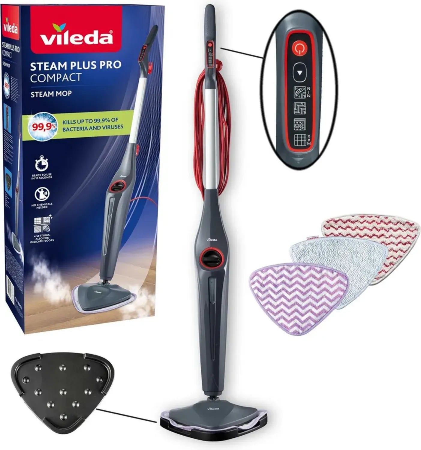 Vileda Kompakt Dampfreiniger Steam Plus Pro | Entfernt 99,9% Bakterien & Viren | Schonend für empfindliche Böden | Vier Dampfstufen | Mit Abstellunterlage | Umweltfreundliche Verpackung