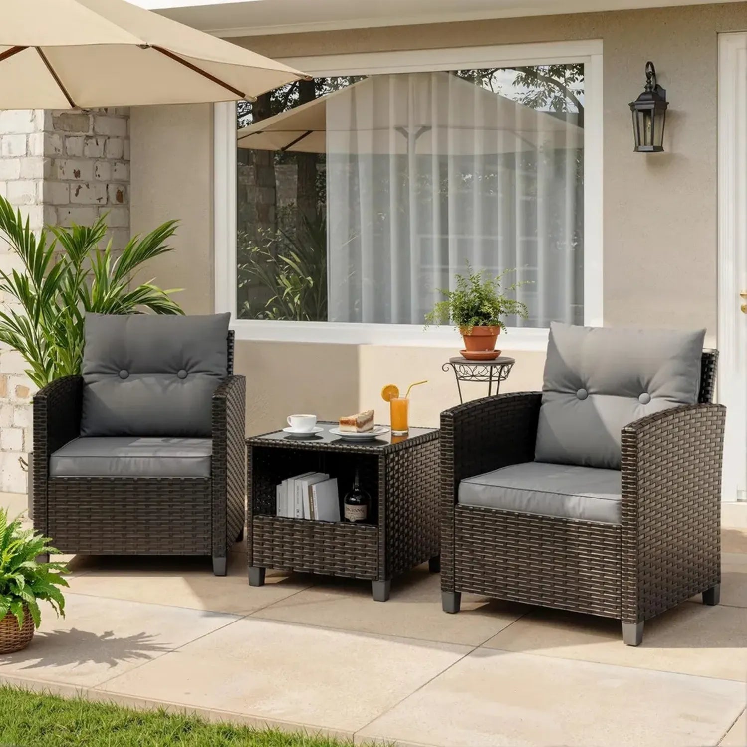UDPATIO 2-Personen Rattan Balkonmöbel Set mit Couchtisch, Ideal für Garten, Pool und Terrasse (Braun/Schwarz)
