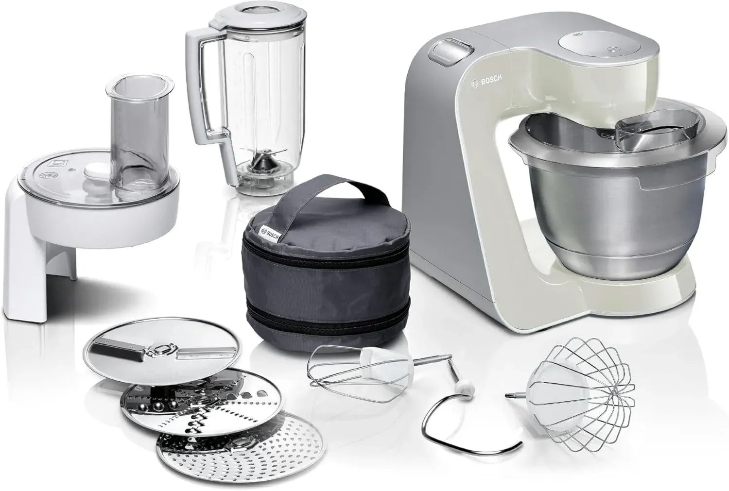 Bosch Küchenmaschine Serie 4, 1000 W, Edelstahl, spülmaschinenfest, vielseitiges Zubehör, grau