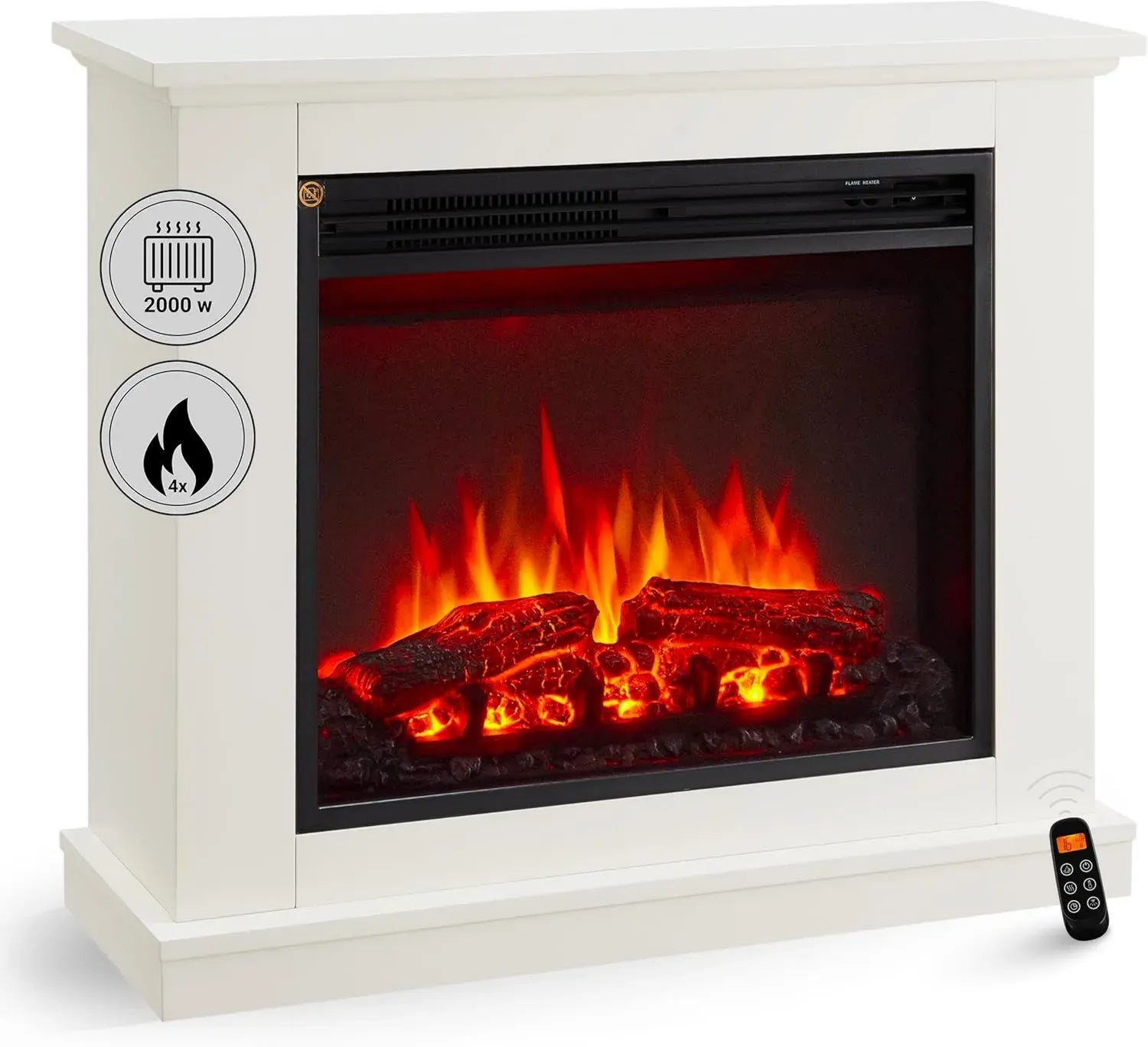 BALDERIA Elektrokamin mit 3D-Flammeneffekt, Heizleistung 1000/2000W, programmierbare Fernbedienung, Timer & Thermostat, Weiß