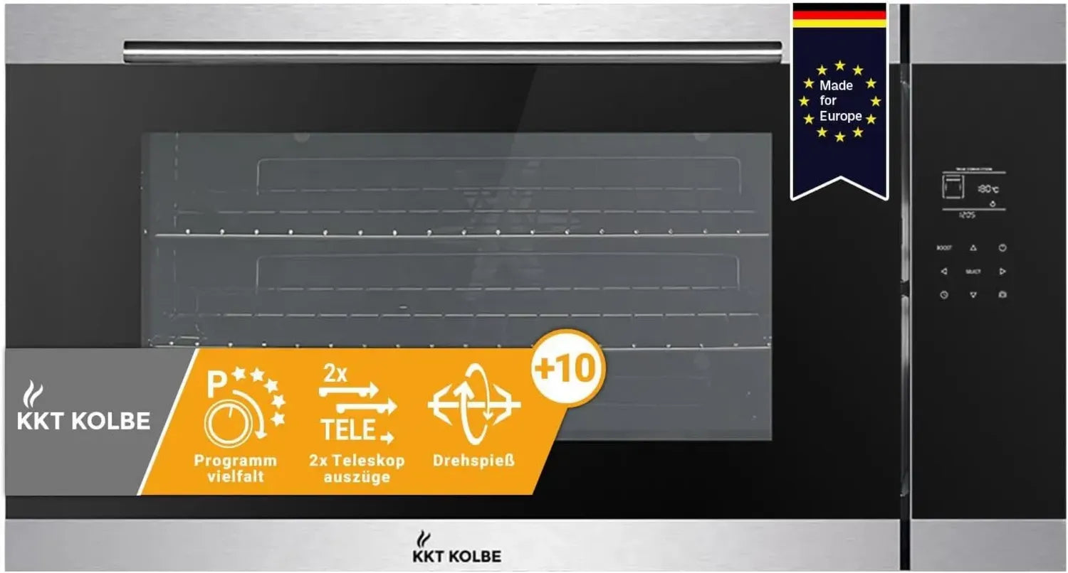 KKT KOLBE 90 cm Einbaubackofen mit 96 L Volumen, 3,4 kW Leistung, Drehspieß, Grillfunktion, Umluft, Heißluft, Teleskopauszüge und Touch-Timer
