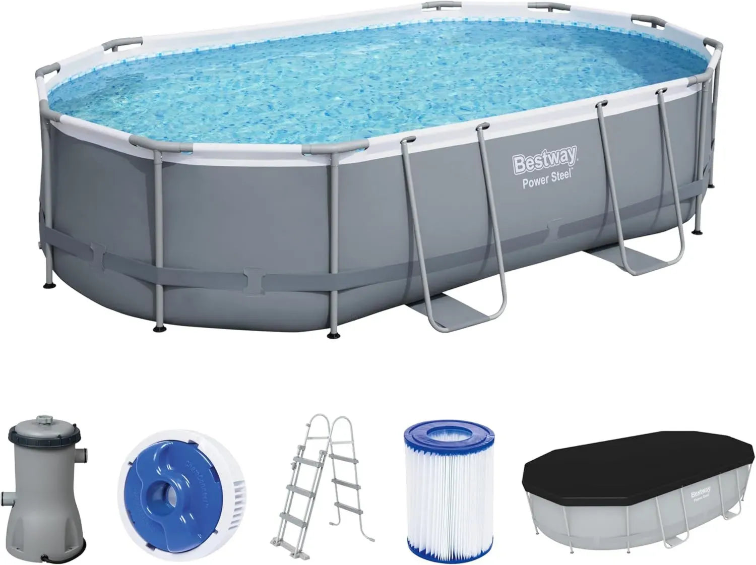 Bestway Power Steel Ovalpool Set mit Filterpumpe 488x305x107 cm, grau